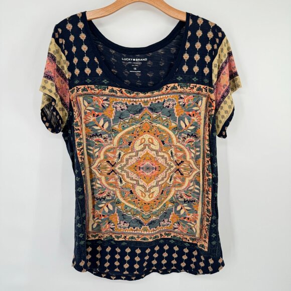 Lucky Brand Womens Boho Print Short Sleeve Top Gold blue medallion size 1X plus - Picture 3 of 13